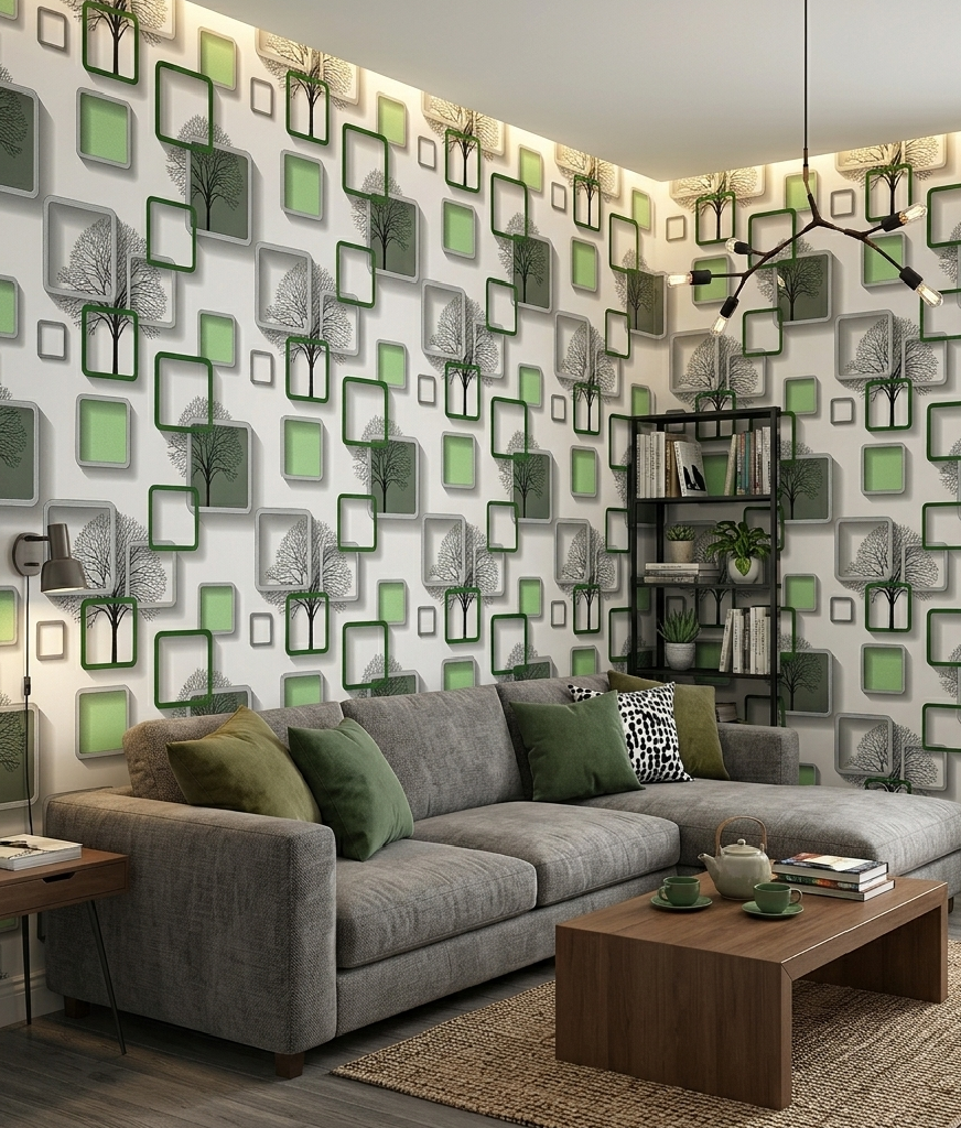 Luxury 3D Green Square & Nature Tree Wallpaper(0.45by10m)
