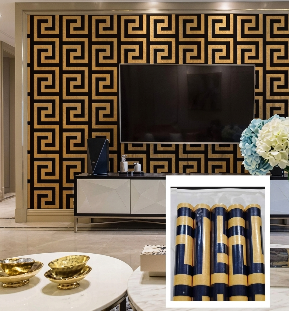 Classic Greek Key Gold & Black Wallpaper