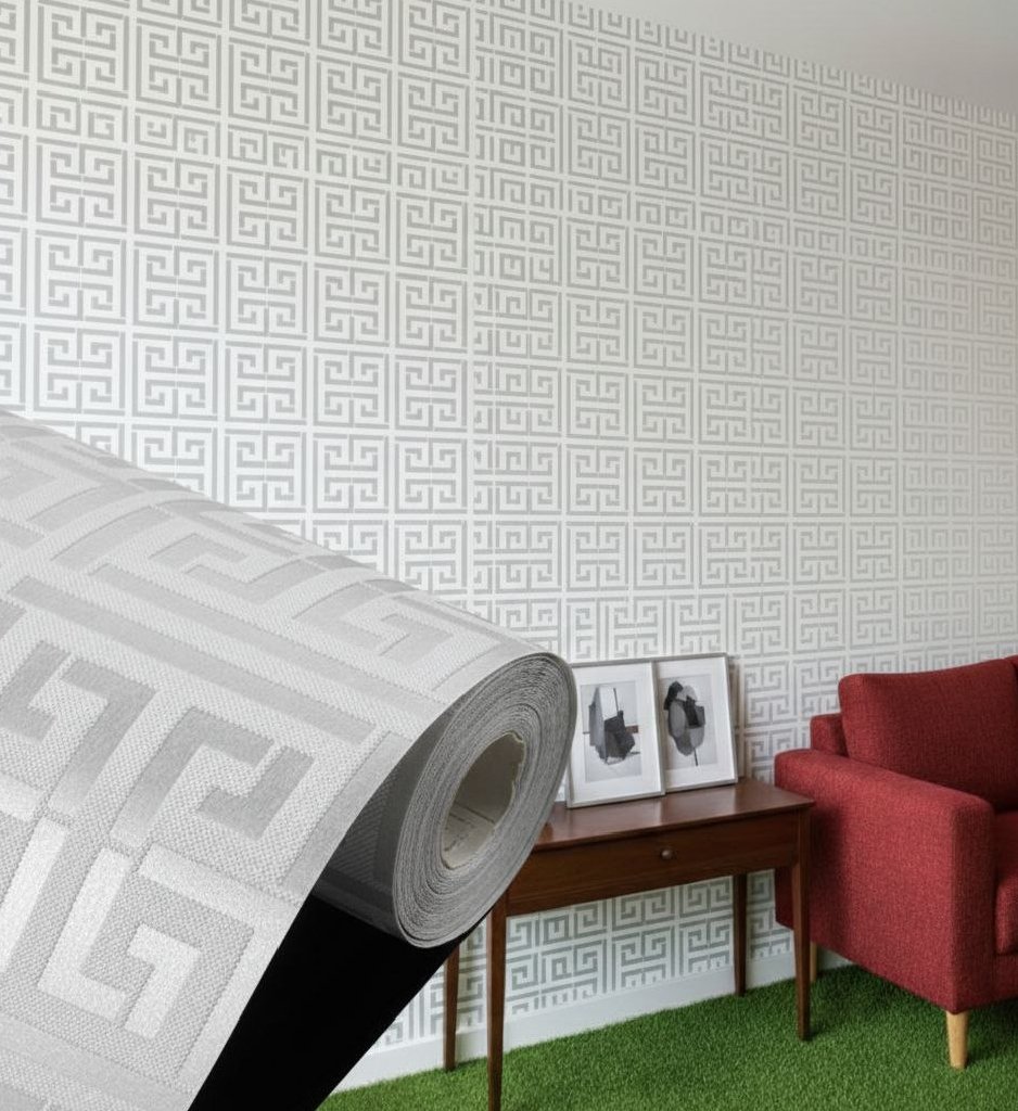 Modern Silver Greek Key Pattern Wallpaper