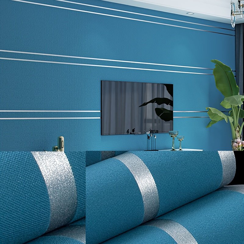 Nordic Blue Non Woven Textured Wallpaper with Horizontal Silver Lines