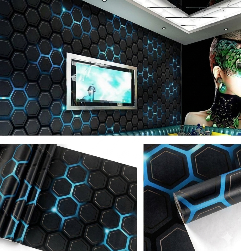 Abstract 3D hexagons with neon-style blue light accents.
