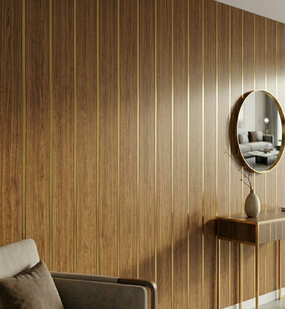 Fluted Wood Grain Wallpaper with Gold Accents
