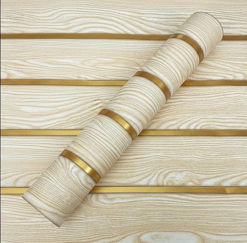 Premium 3D Golden Wood Grain Fluted Self Adhesive Wallpapernx