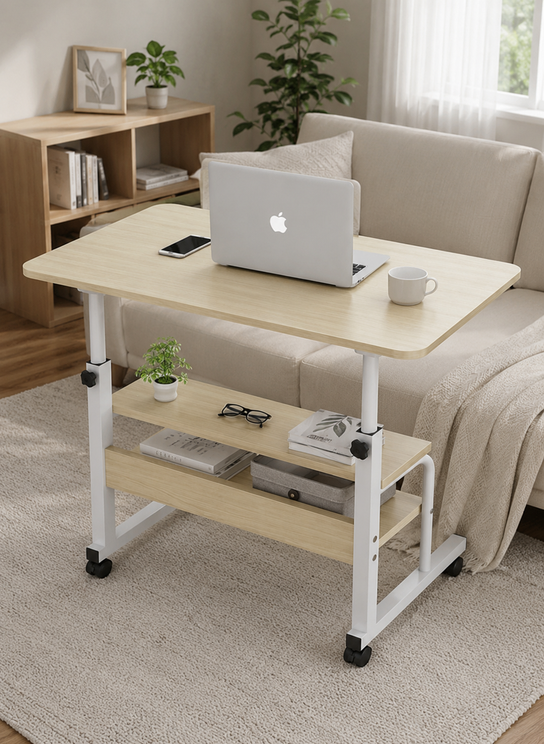 Adjustable 'Maple White' Mobile Laptop Desk with Dual Storage Shelves